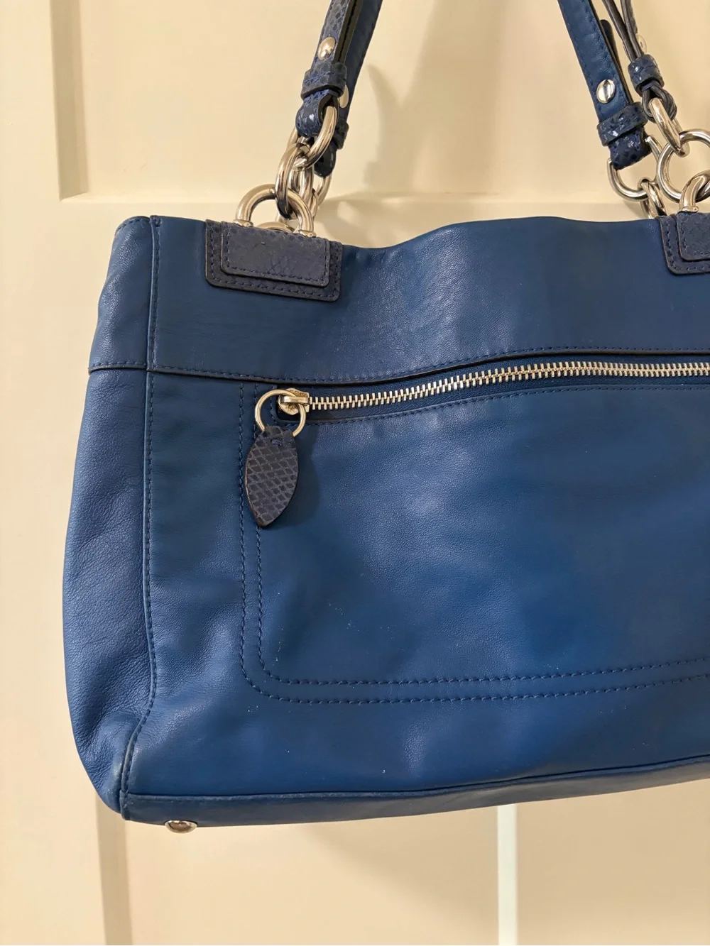 Coach Penelope Cobalt Blue Leather Tote Bag Snakeskin Trim EUC